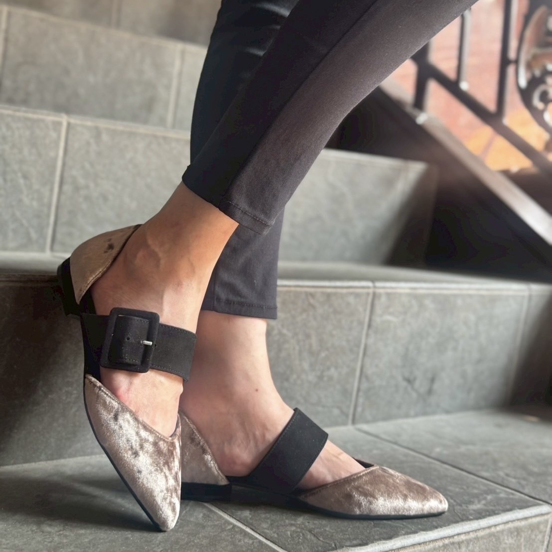 9/30艶感あるグレージュベルベットと大胆なベルト使いがポイントのフラットシューズ