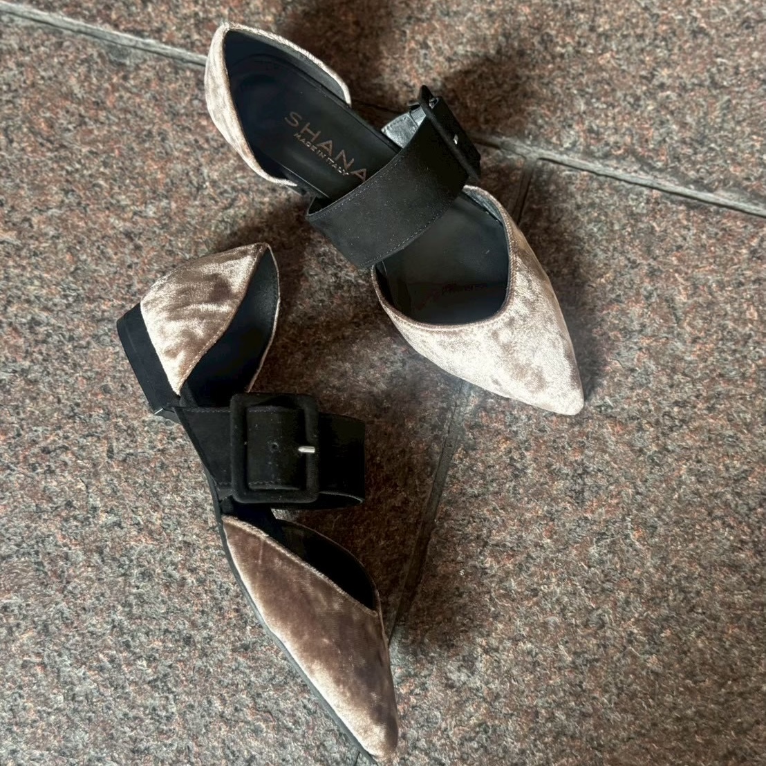 2/24艶やかなベロア素材に太めのベルトをデザインのポイントにしたフラットシューズ